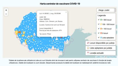 Harta interactivă a centrelor de vaccinare, pe tipuri de vaccin