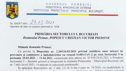 UPDATE: Prefectul Capitalei îi cere Primarului Sectorului 5 să REVOCE măsurile Anti-COVID decise azi!