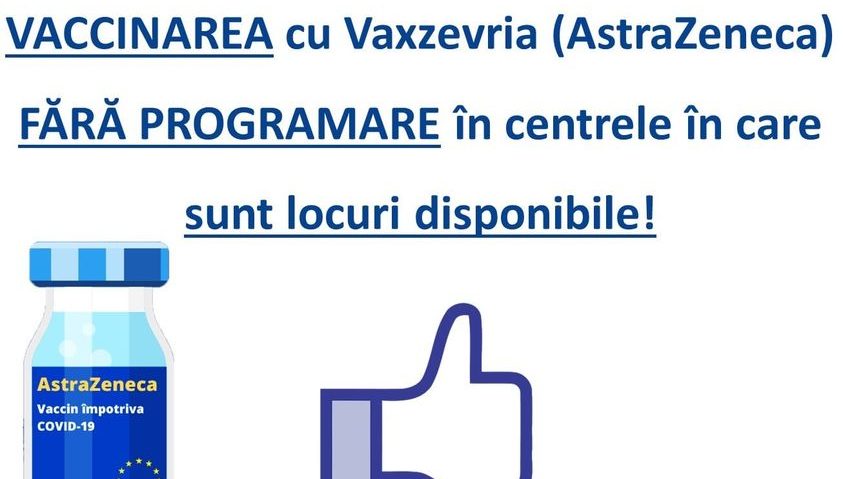 În câteva zile: vaccinare fără programare cu Vaxzevria (AstraZeneca)