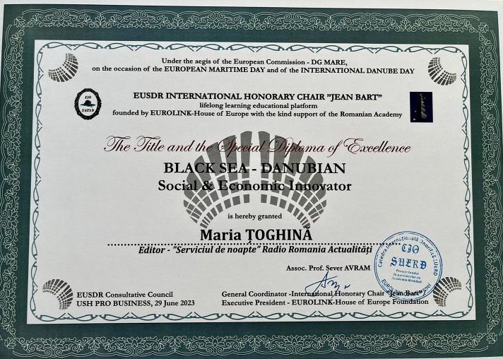 Jurnalista Maria Țoghină, distinsă cu titlul și diploma specială de excelență „Black Sea-Danubian Social & Economic Innovator”