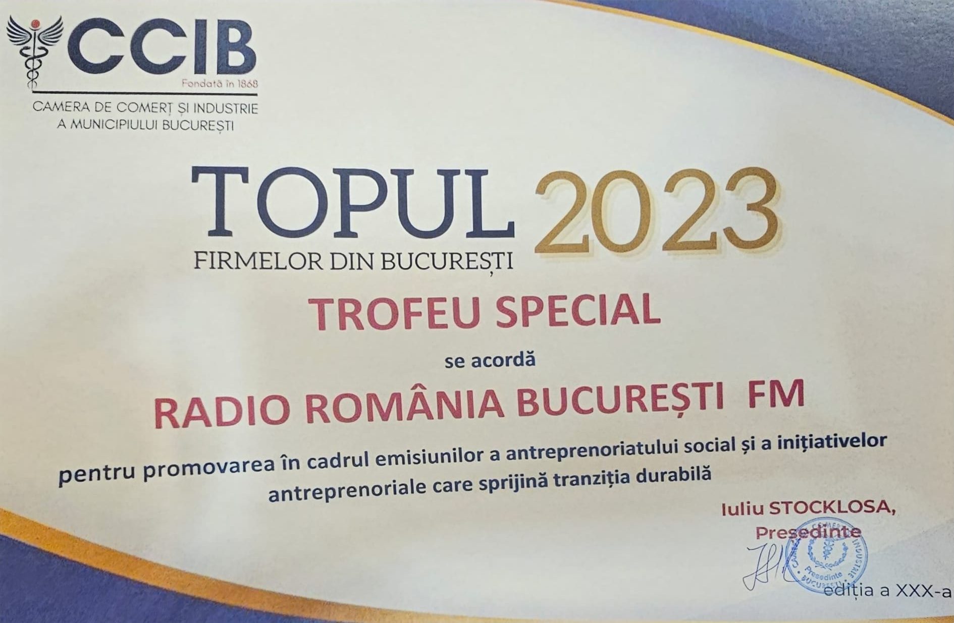 Foto & Video: București FM a primit premiul pentru promovarea antreprenoriatului social și a inițiativelor care sprijină tranzitia durabilă din partea Camerei de Comerț și Industrie a Municipiului București!