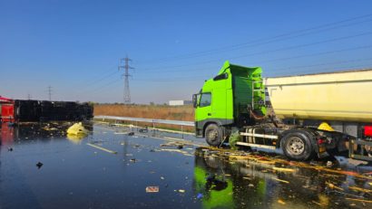 Accident pe autostrada A0, segmentul dintre localitatea Berceni și Bragadiru; au fost implicate trei autotrenuri